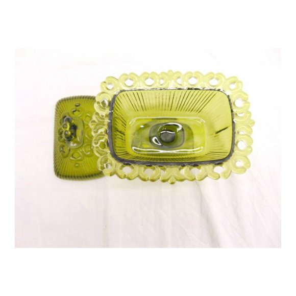 vintage Green Glass Open Lace Edge Candy Dish Compote - Picture 3 of 4
